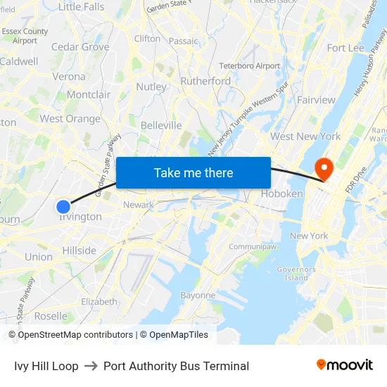 Ivy Hill Loop to Port Authority Bus Terminal map