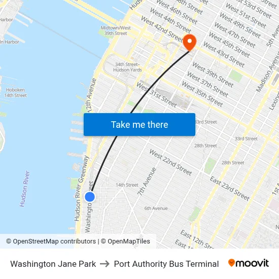 Washington Jane Park to Port Authority Bus Terminal map