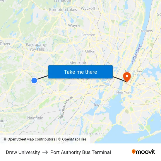 Drew University to Port Authority Bus Terminal map