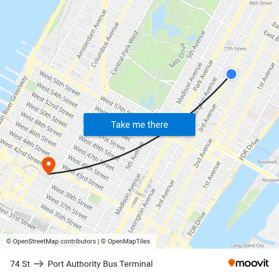74 St to Port Authority Bus Terminal map