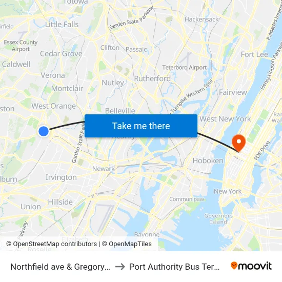 Northfield ave & Gregory ave to Port Authority Bus Terminal map