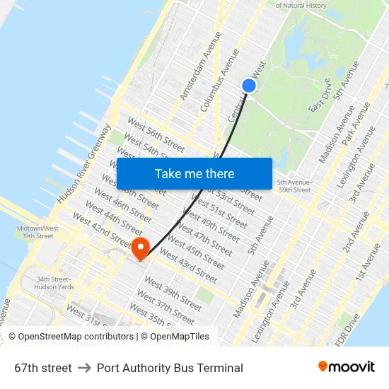 67th street to Port Authority Bus Terminal map