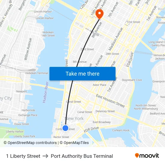 1 Liberty Street to Port Authority Bus Terminal map