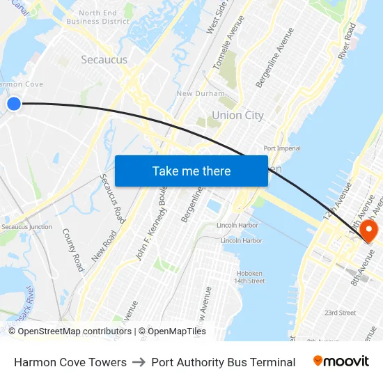 Harmon Cove Towers to Port Authority Bus Terminal map