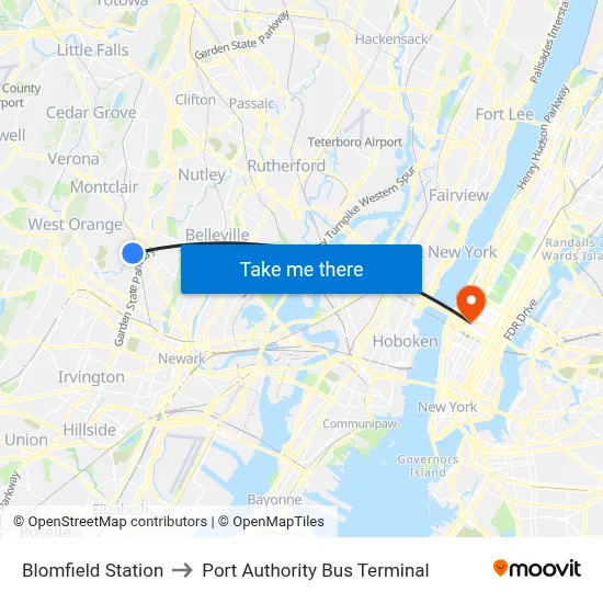 Blomfield Station to Port Authority Bus Terminal map