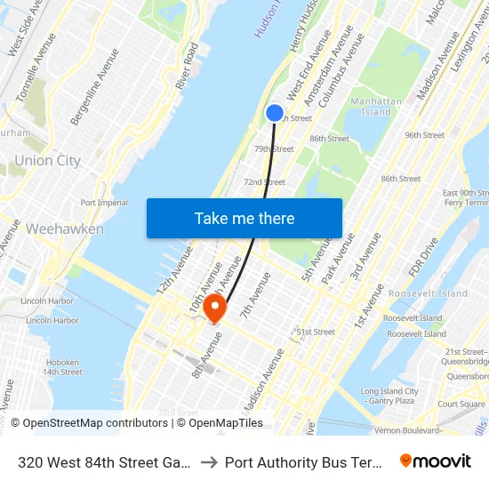 320 West 84th Street Garden to Port Authority Bus Terminal map