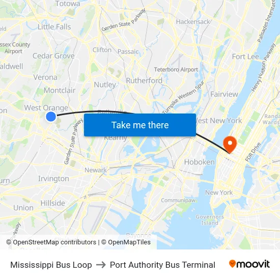 Mississippi Bus Loop to Port Authority Bus Terminal map