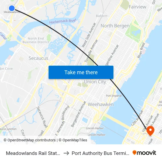 Meadowlands Rail Station to Port Authority Bus Terminal map