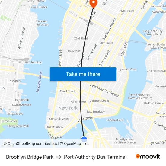 Brooklyn Bridge Park to Port Authority Bus Terminal map