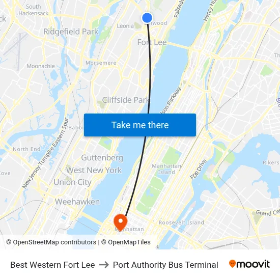 Best Western Fort Lee to Port Authority Bus Terminal map