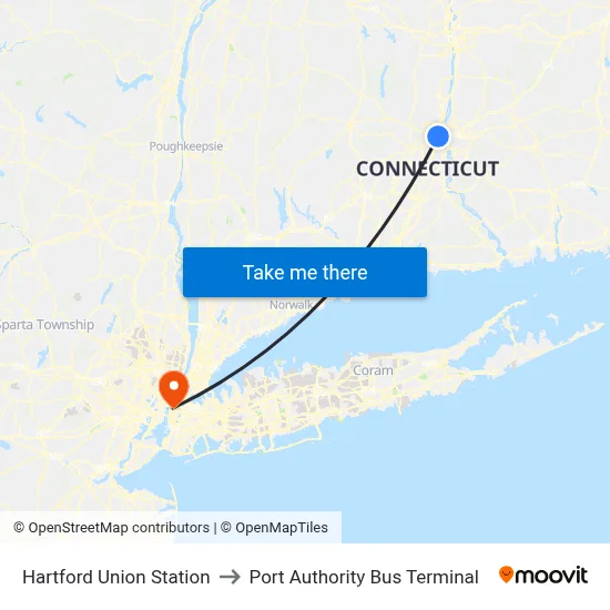 Hartford Union Station to Port Authority Bus Terminal map