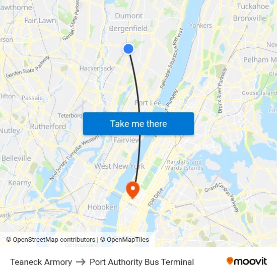 Teaneck Armory to Port Authority Bus Terminal map