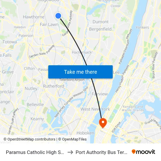 Paramus Catholic High School to Port Authority Bus Terminal map