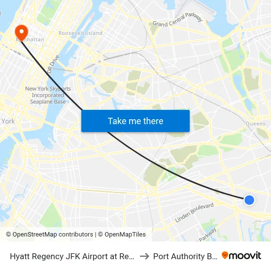 Hyatt Regency JFK Airport at Resorts World New York to Port Authority Bus Terminal map