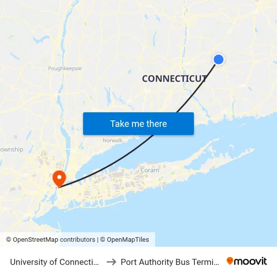 University of Connecticut to Port Authority Bus Terminal map