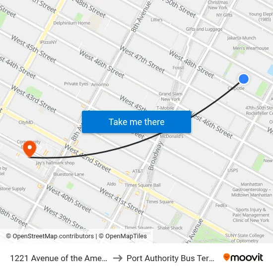 1221 Avenue of the Americas to Port Authority Bus Terminal map