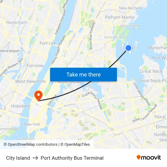 City Island to Port Authority Bus Terminal map