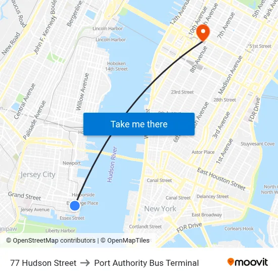 77 Hudson Street to Port Authority Bus Terminal map