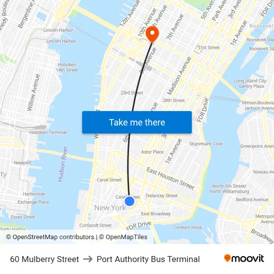 60 Mulberry Street to Port Authority Bus Terminal map