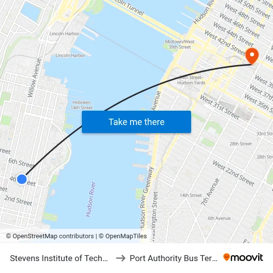 Stevens Institute of Technology to Port Authority Bus Terminal map