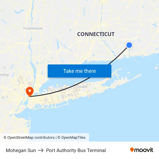 Mohegan Sun to Port Authority Bus Terminal map