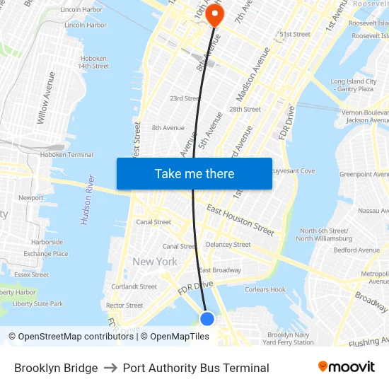 Brooklyn Bridge to Port Authority Bus Terminal map