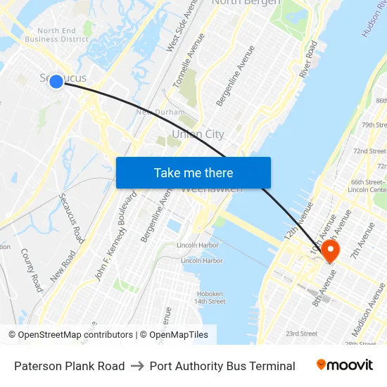Paterson Plank Road to Port Authority Bus Terminal map
