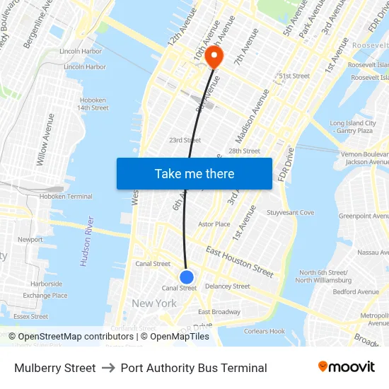 Mulberry Street to Port Authority Bus Terminal map