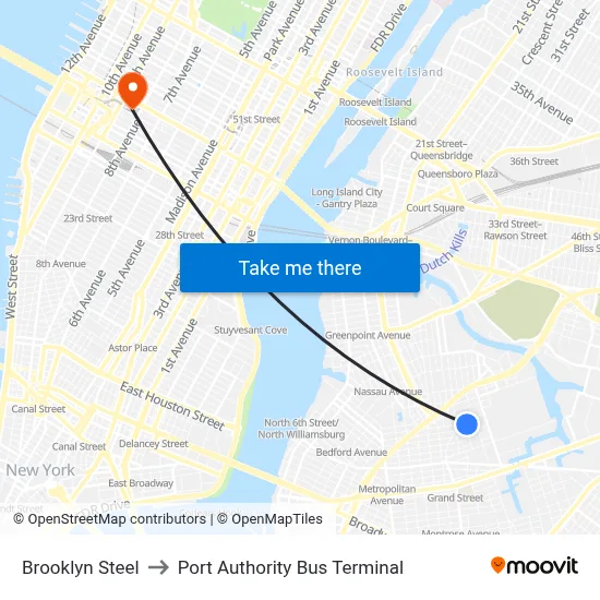 Brooklyn Steel to Port Authority Bus Terminal map