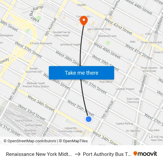 Renaissance New York Midtown Hotel to Port Authority Bus Terminal map