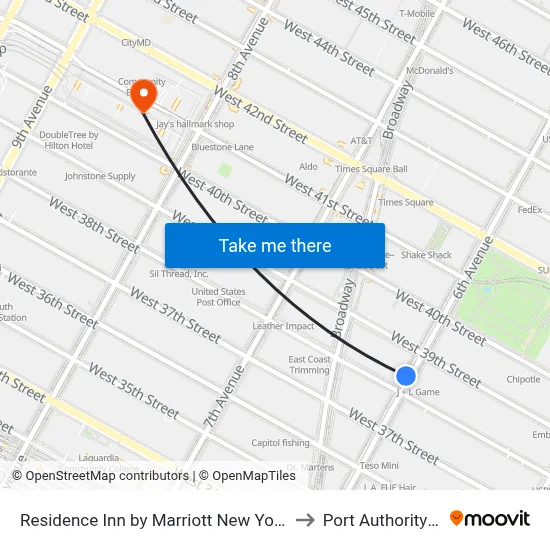 Residence Inn by Marriott New York Manhattan/Times Square to Port Authority Bus Terminal map