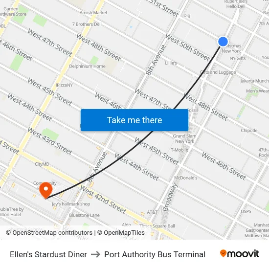 Ellen's Stardust Diner to Port Authority Bus Terminal map