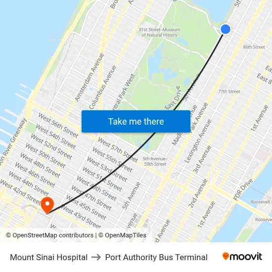 Mount Sinai Hospital to Port Authority Bus Terminal map