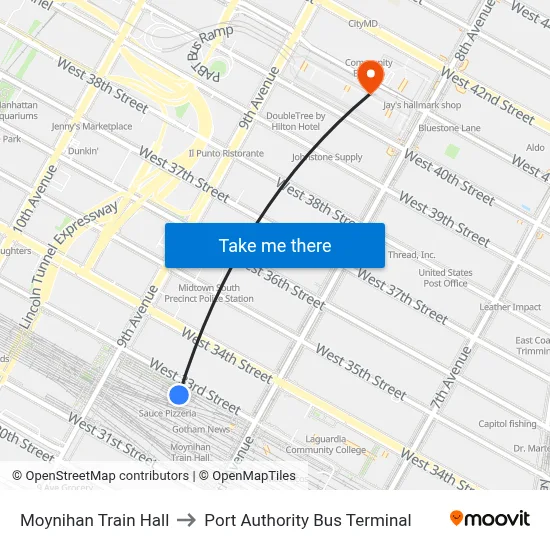Moynihan Train Hall to Port Authority Bus Terminal map