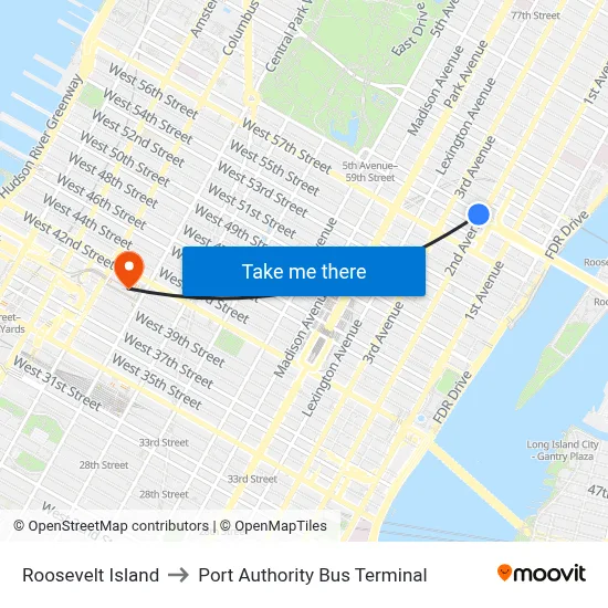 Roosevelt Island to Port Authority Bus Terminal map