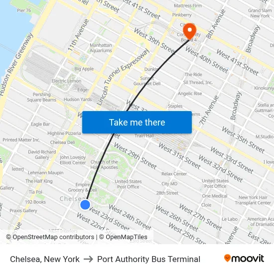 Chelsea, New York to Port Authority Bus Terminal map