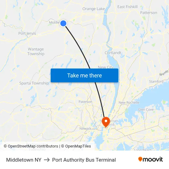 Middletown NY to Port Authority Bus Terminal map