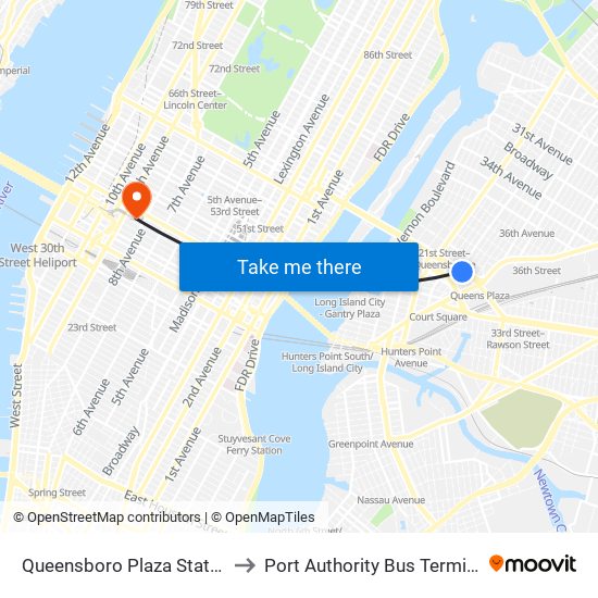 Queensboro Plaza Station to Port Authority Bus Terminal map