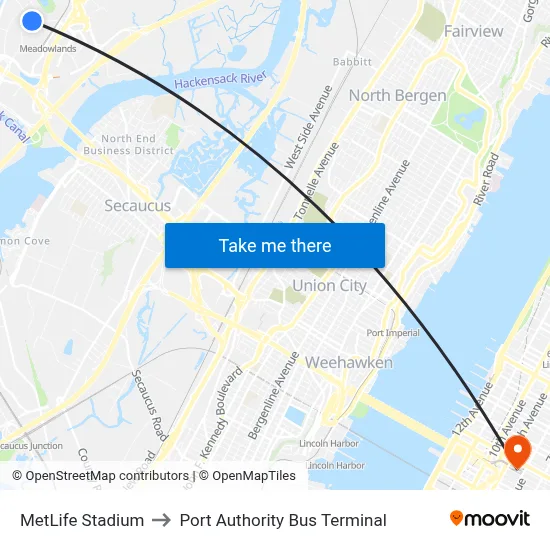 MetLife Stadium to Port Authority Bus Terminal map