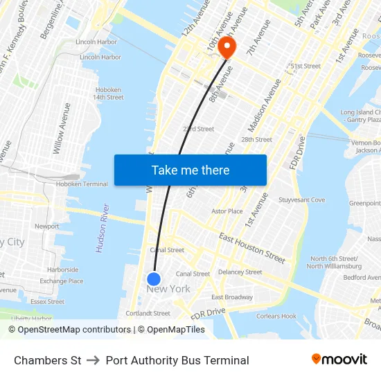 Chambers St to Port Authority Bus Terminal map