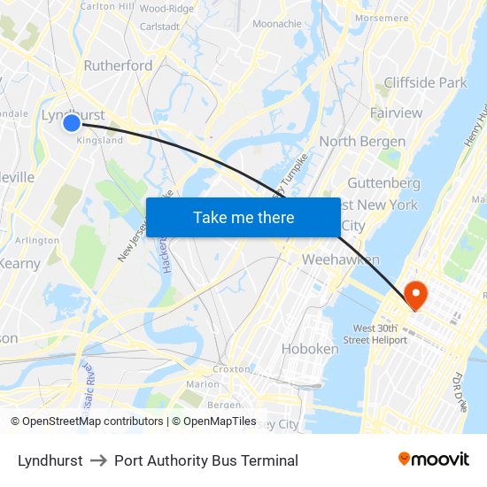 Lyndhurst to Port Authority Bus Terminal map