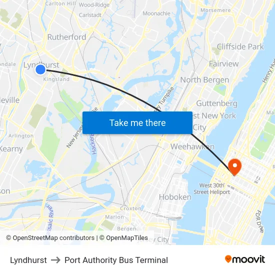 Lyndhurst to Port Authority Bus Terminal map