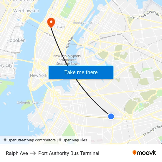 Ralph Ave to Port Authority Bus Terminal map