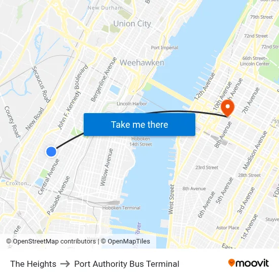 The Heights to Port Authority Bus Terminal map