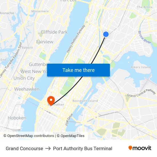 Grand Concourse to Port Authority Bus Terminal map