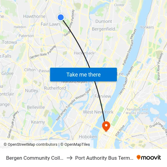 Bergen Community College to Port Authority Bus Terminal map