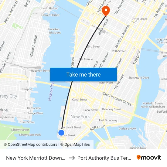 New York Marriott Downtown to Port Authority Bus Terminal map