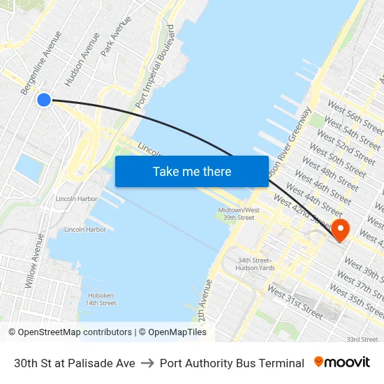 30th St at Palisade Ave to Port Authority Bus Terminal map