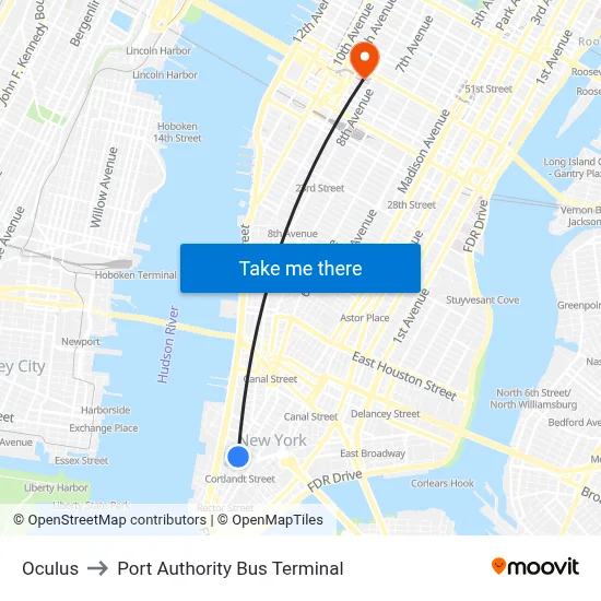 Oculus to Port Authority Bus Terminal map