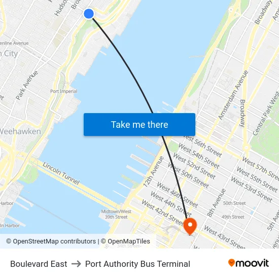 Boulevard East to Port Authority Bus Terminal map
